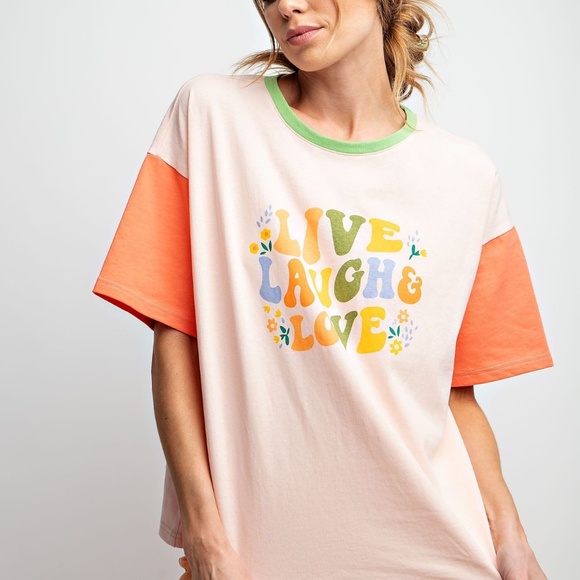 NEW EASEL LIVE LAUGH AND LOVE PRINT WASHED COTTON JERSEY TOP SHIRT SMALL PEACH - Picture 6 of 8